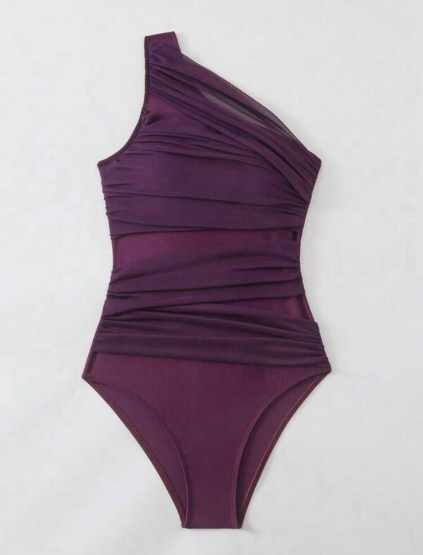 Deep Purple One-Shoulder Ruched Swimsuit – Mesh Waist Detail