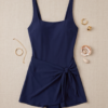 Navy Square Neck Swim Dress with Knot Detail – One-Piece