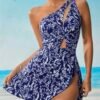 Navy Floral One-Shoulder Cutout Swim Dress – One-Piece with Flared Skirt