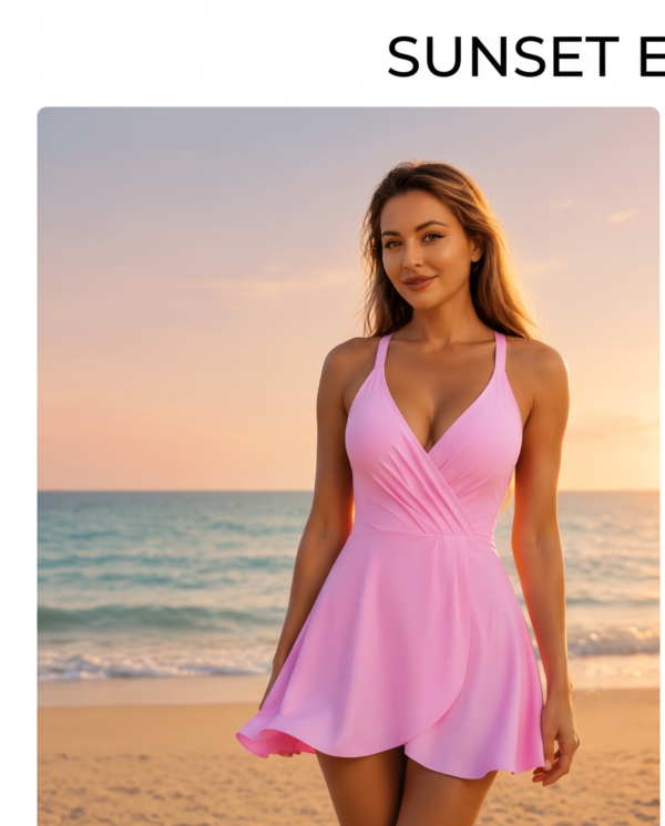 Pink Wrap-Front Swim Dress with Flared Skirt – One-Piece