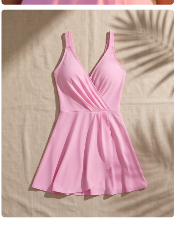 Pink Wrap-Front Swim Dress with Flared Skirt – One-Piece