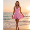 Pink Wrap-Front Swim Dress with Flared Skirt – One-Piece