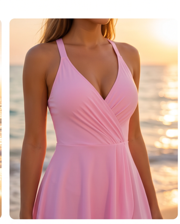Pink Wrap-Front Swim Dress with Flared Skirt – One-Piece