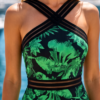 Green Tropical Print Swim Romper – Crisscross Halter with Mesh Waist