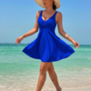 Royal Blue Swim Dress with Twist-Front Bodice – Mesh Shoulder Detail