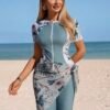 Sage & Floral Zip-Front Swim Set with Attached Sarong – Modest Coverage Rash Guard