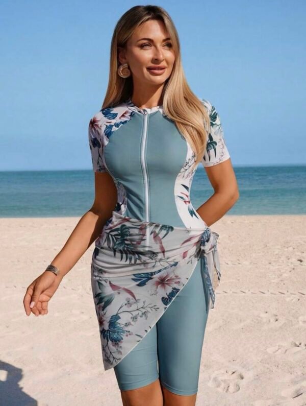 Sage & Floral Zip-Front Swim Set with Attached Sarong – Modest Coverage Rash Guard