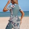 Sage & Floral Zip-Front Swim Set with Attached Sarong – Modest Coverage Rash Guard