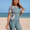 Sage & Floral Zip-Front Swim Set with Attached Sarong – Modest Coverage Rash Guard