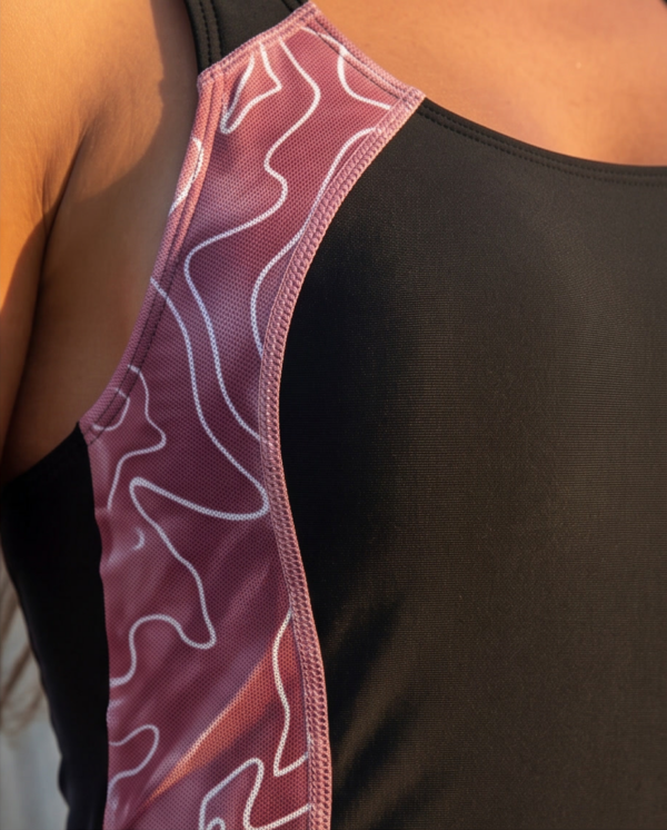 Black Sporty Swim Romper – Marble Print Side Panel with Racerback