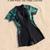 Black Zip-Front Swim Romper – Green Tropical Print Sleeves