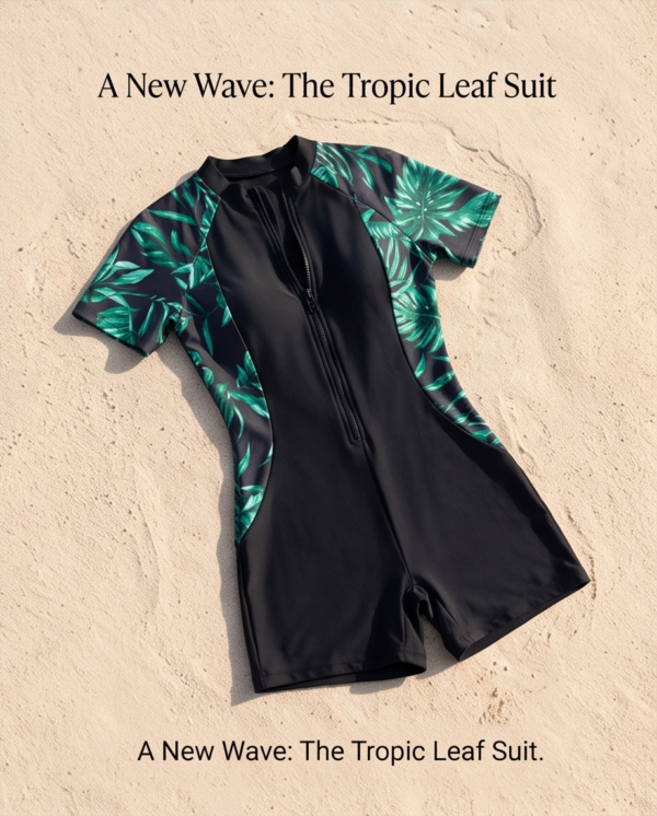 Black Zip-Front Swim Romper – Green Tropical Print Sleeves