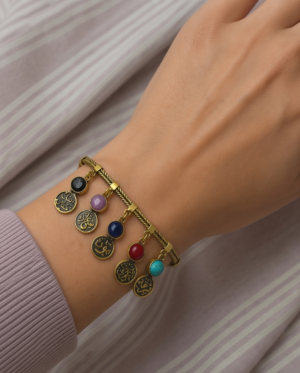 img_9606 Vintage Gold Tree of Life Charm Bracelet – Multicolor Gemstone Beads