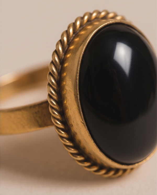 img_9622-2 Vintage Gold-Tone Oval Black Onyx Statement Ring – Braided Edge Detail