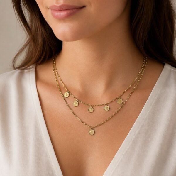 Gold Stainless Steel Layered Coin Necklace – Double Chain Portrait Coin Charms