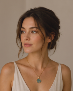 img_9638-2 Gold Stainless Steel Pressed Flower Pendant Necklace – Turquoise & White Botanical