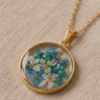 Gold Stainless Steel Pressed Flower Pendant Necklace – Turquoise & White Botanical