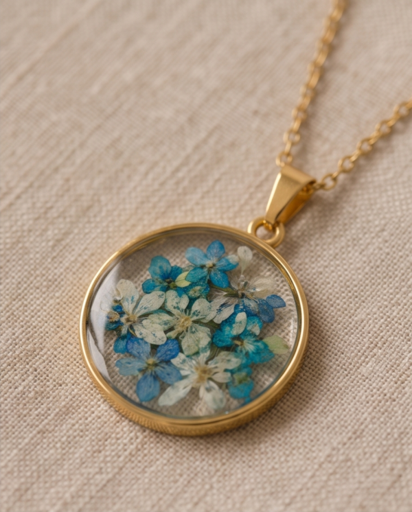 Gold Stainless Steel Pressed Flower Pendant Necklace – Turquoise & White Botanical