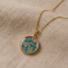 Gold Stainless Steel Pressed Flower Pendant Necklace – Turquoise & White Botanical