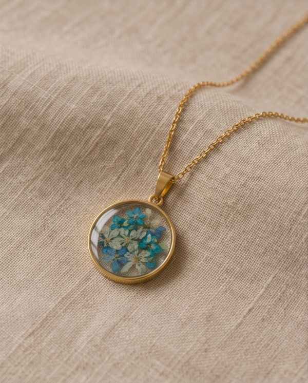 Gold Stainless Steel Pressed Flower Pendant Necklace – Turquoise & White Botanical