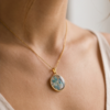 Gold Stainless Steel Pressed Flower Pendant Necklace – Turquoise & White Botanical