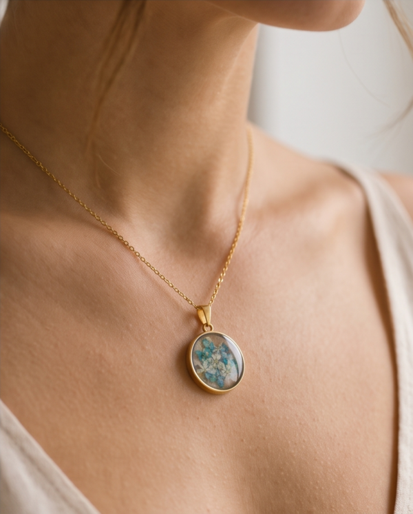 Gold Stainless Steel Pressed Flower Pendant Necklace – Turquoise & White Botanical