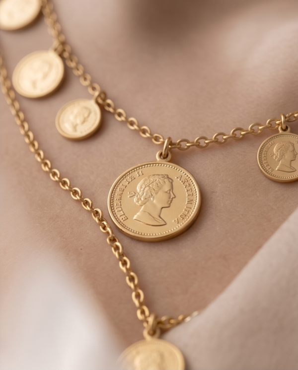 Gold Stainless Steel Layered Coin Necklace – Double Chain Portrait Coin Charms