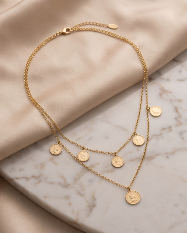 Gold Stainless Steel Layered Coin Necklace – Double Chain Portrait Coin Charms