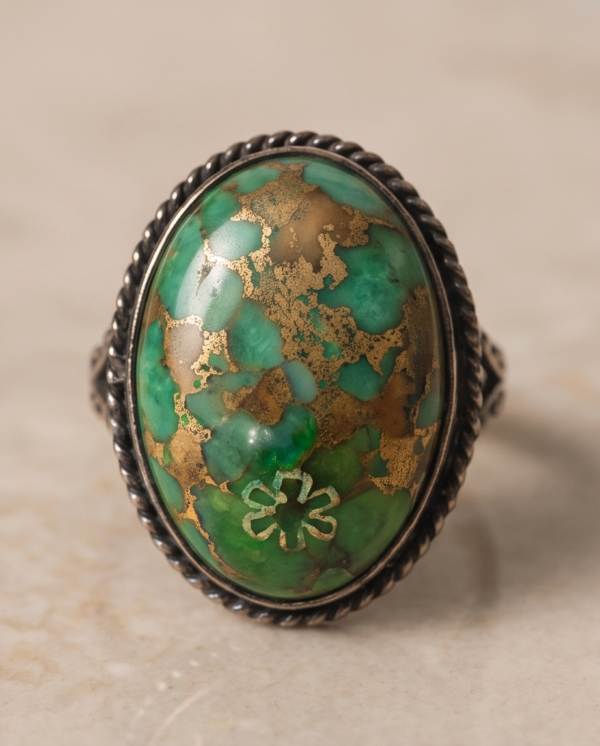 img_9648-2 Vintage Silver-Tone Oval Turquoise Statement Ring – Bronze Matrix Detail