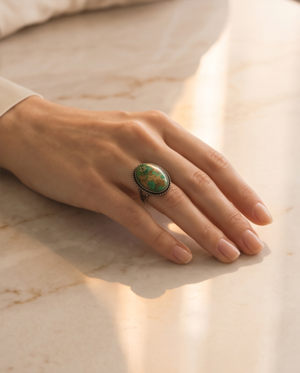 img_9649-2 Vintage Silver-Tone Oval Turquoise Statement Ring – Bronze Matrix Detail