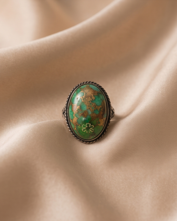 img_9650-2 Vintage Silver-Tone Oval Turquoise Statement Ring – Bronze Matrix Detail