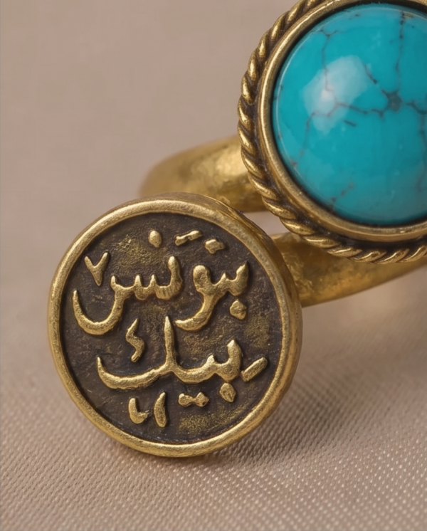 Gold-Tone Turquoise & Arabic Engraved Coin Ring – Adjustable Open Design