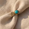 Gold-Tone Turquoise & Arabic Engraved Coin Ring – Adjustable Open Design