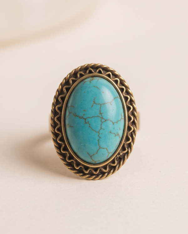 Vintage Gold-Tone Oval Turquoise Statement Ring – Braided Rope Edge