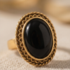 Vintage Gold-Tone Oval Black Onyx Statement Ring – Braided Rope Edge