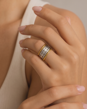 img_9698-2 Two-Tone Stainless Steel Wide Band Ring – Beaded Edge & Floral Pattern
