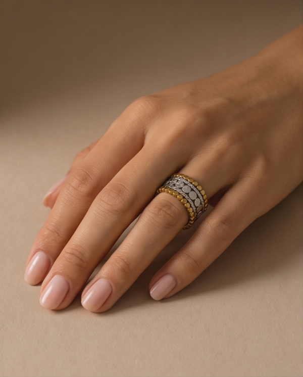 img_9710-2 Two-Tone Stainless Steel Wide Band Ring – Beaded Edge & Floral Pattern