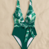 Green Tropical Print One-Piece Swimsuit – Wrap Tie Waist Halter