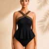 Black Peplum Swimsuit – Gold Chain Crisscross Halter Neckline