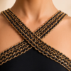 Black Peplum Swimsuit – Gold Chain Crisscross Halter Neckline