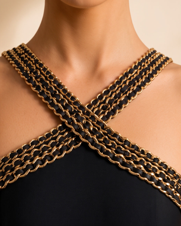 Black Peplum Swimsuit – Gold Chain Crisscross Halter Neckline