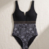 Black Paisley Print One-Piece Swimsuit – Mesh Waist Detail