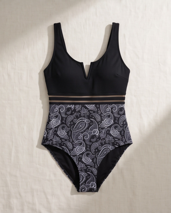 Black Paisley Print One-Piece Swimsuit – Mesh Waist Detail