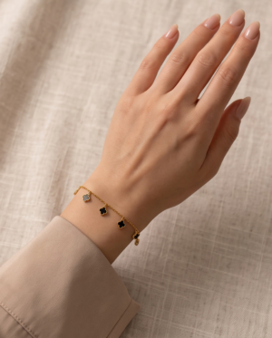 img_9756 Stainless Steel Chain Bracelet with Black Clover Charms – Gold-Tone