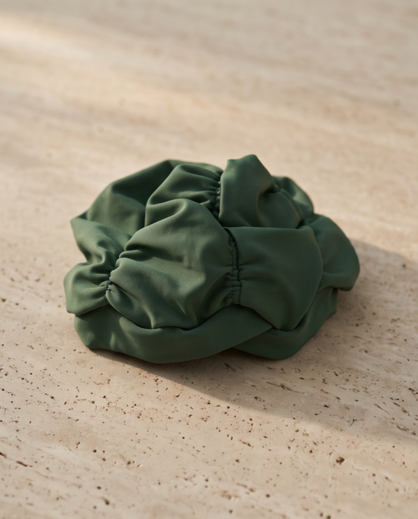 Green Ruched Swim Cap Cover — Elastic Fabric Hair Wrap for Swimming