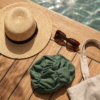 Green Ruched Swim Cap Cover — Elastic Fabric Hair Wrap for Swimming