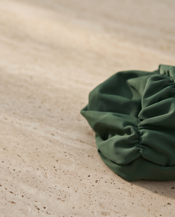 Green Ruched Swim Cap Cover — Elastic Fabric Hair Wrap for Swimming
