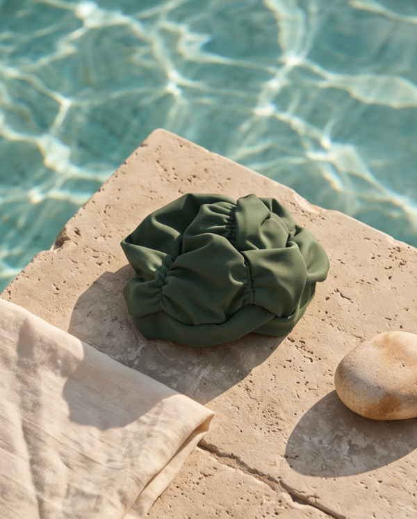 Green Ruched Swim Cap Cover — Elastic Fabric Hair Wrap for Swimming