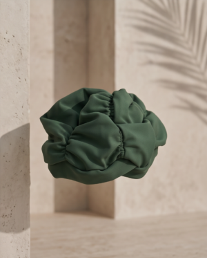 Green Ruched Swim Cap Cover — Elastic Fabric Hair Wrap for Swimming