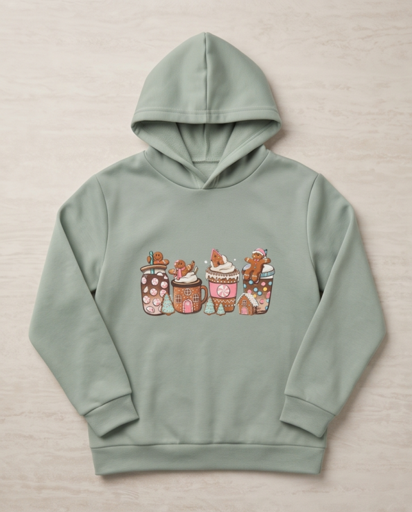 Gingerbread Hot Cocoa Print Hoodie — Sage Green Kids’ Pullover (Age 12)